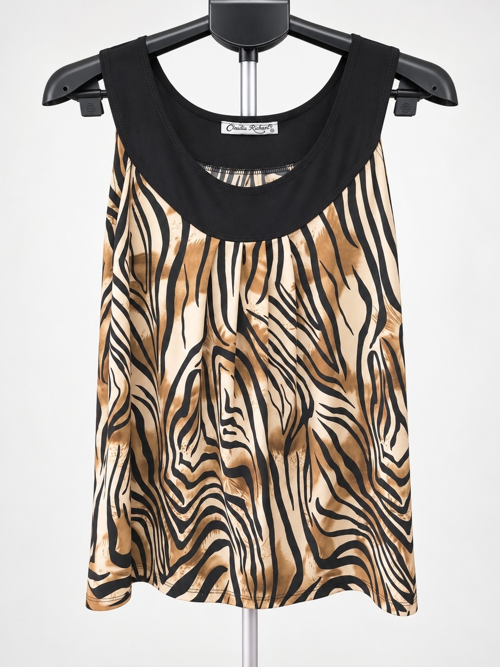 Claudia Richard Black Yoke Zebra-Print Satin Camisole